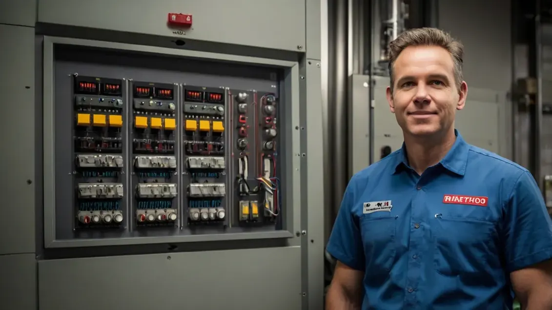 Técnico de uniforme diante de painel elétrico com disjuntores