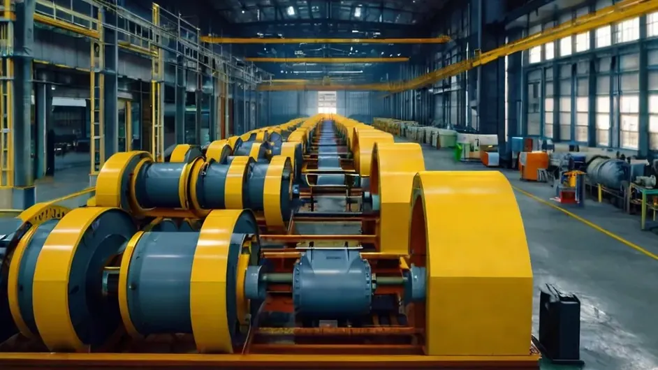 Linha de rolos industriais amarelos e azuis em galpão de produção
